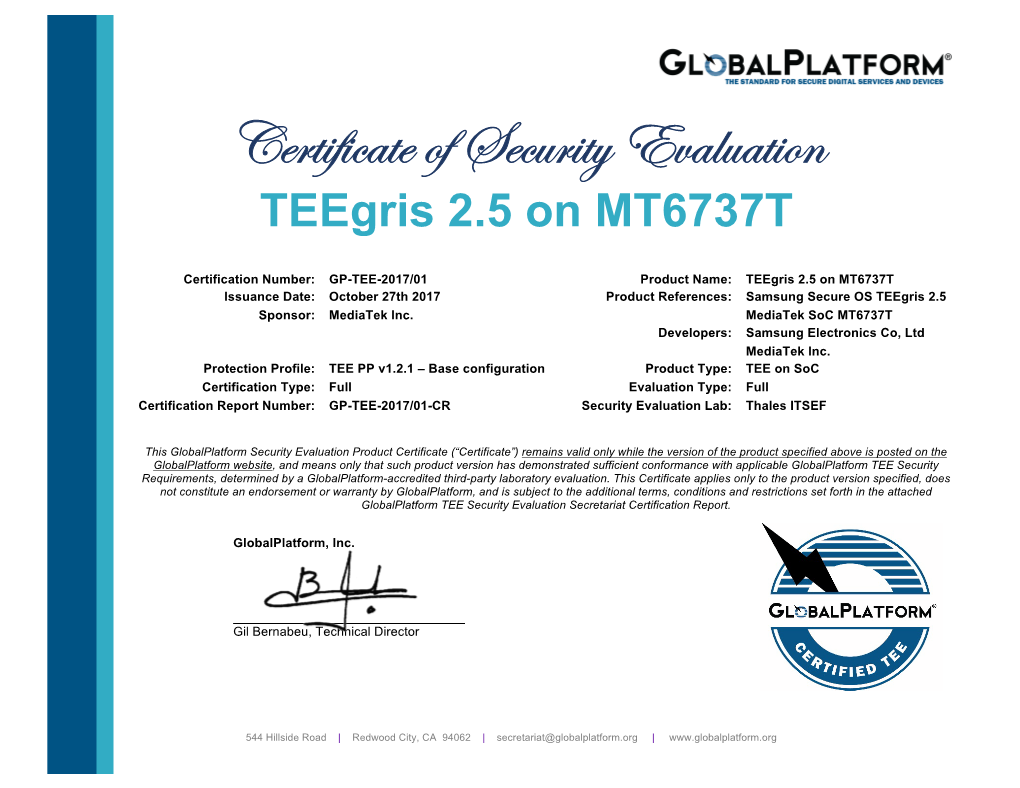 Certificate of Security Evaluation Teegris 2.5 on MT6737T