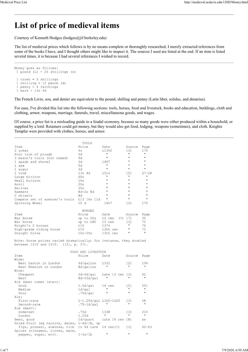 Medieval Price List