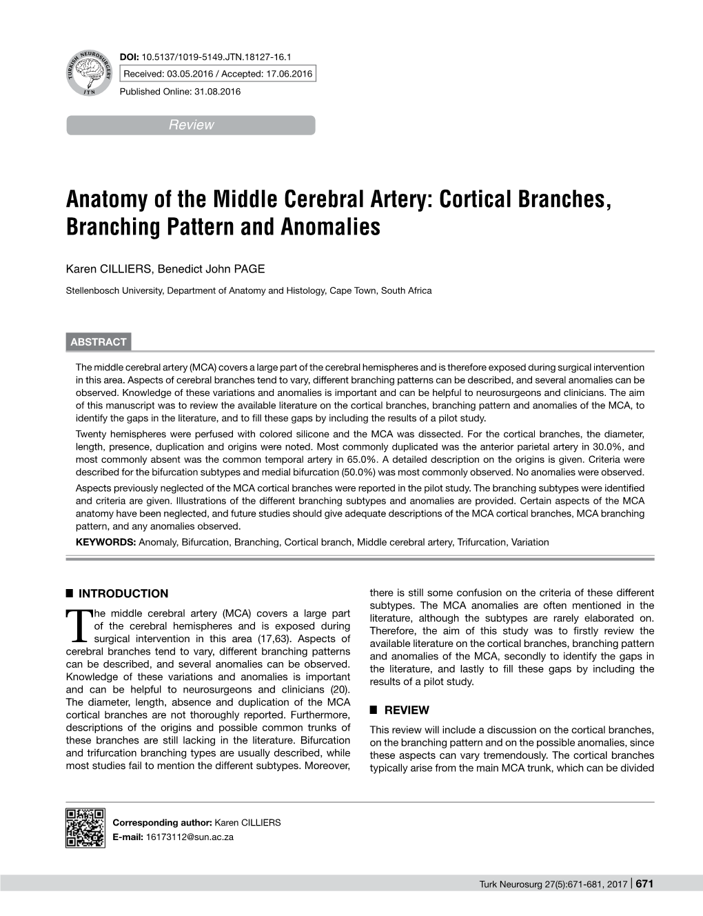 Anatomy of the Middle Cerebral Artery: Cortical Branches, Branching Pattern and Anomalies