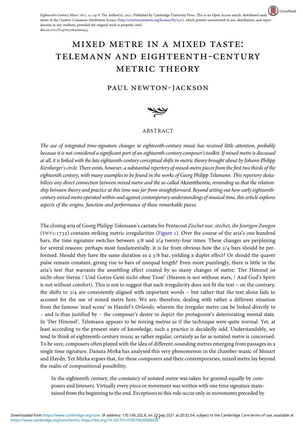 Mixed Metre in a Mixed Taste: Telemann and Eighteenth-Century Metric Theory Paul Newton-Jackson