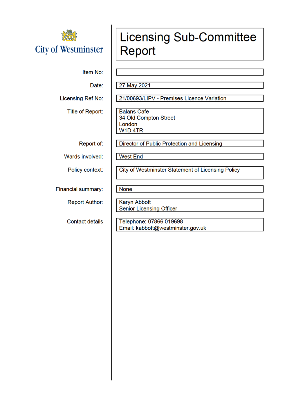 Balans Cafe –Premises Licence Variation PDF 4 MB