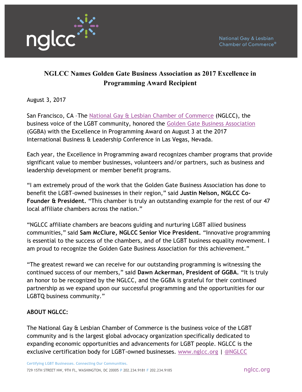 NGLCC Names Golden Gate Business Association As 2017 Excellence in Programming Award Recipient