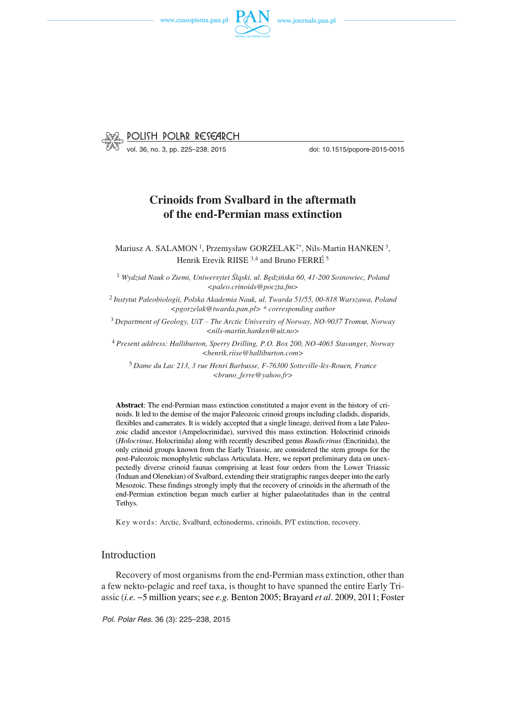 Crinoids from Svalbard in the Aftermath of the End−Permian Mass Extinction