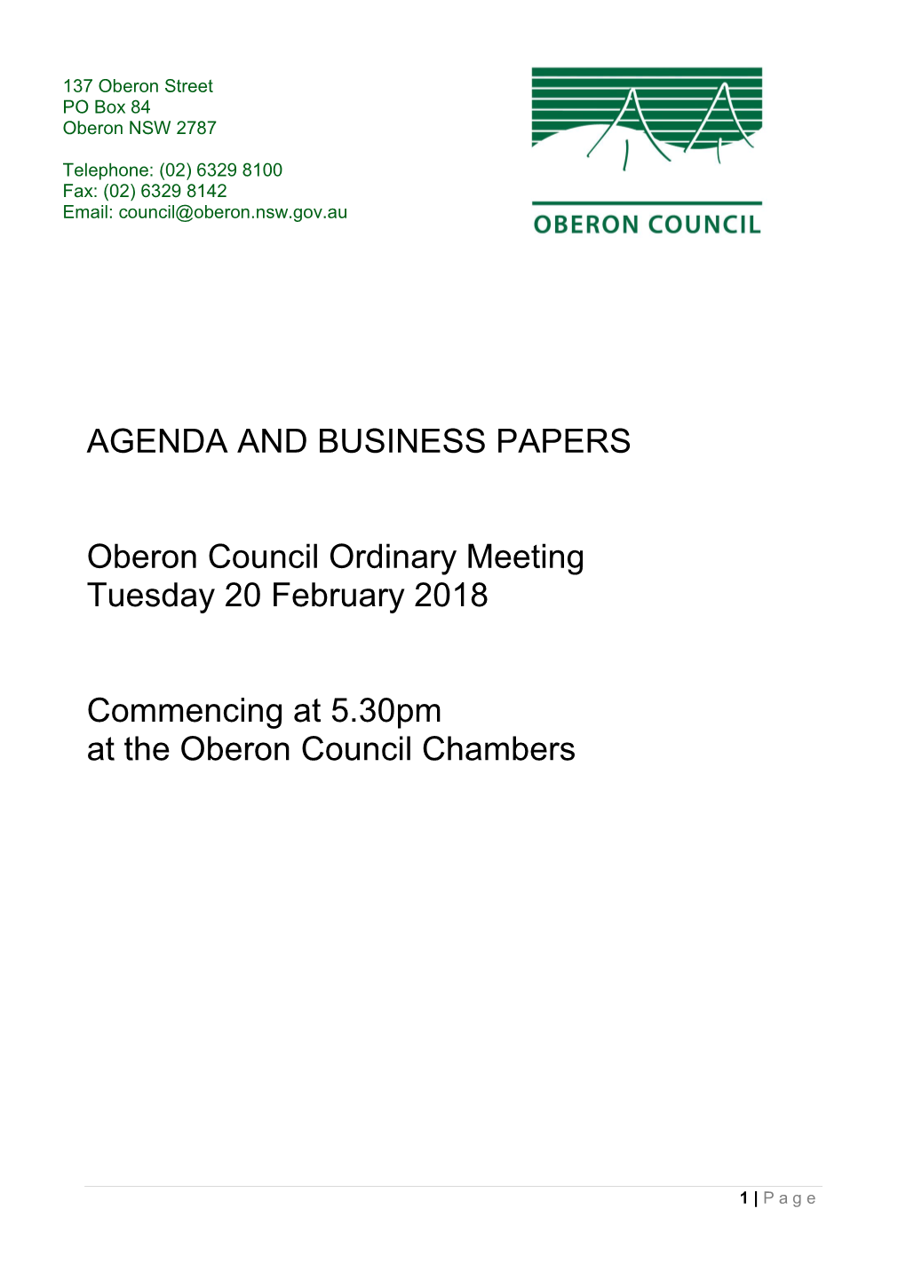 AGENDA and BUSINESS PAPERS Oberon Council Ordinary Meeting