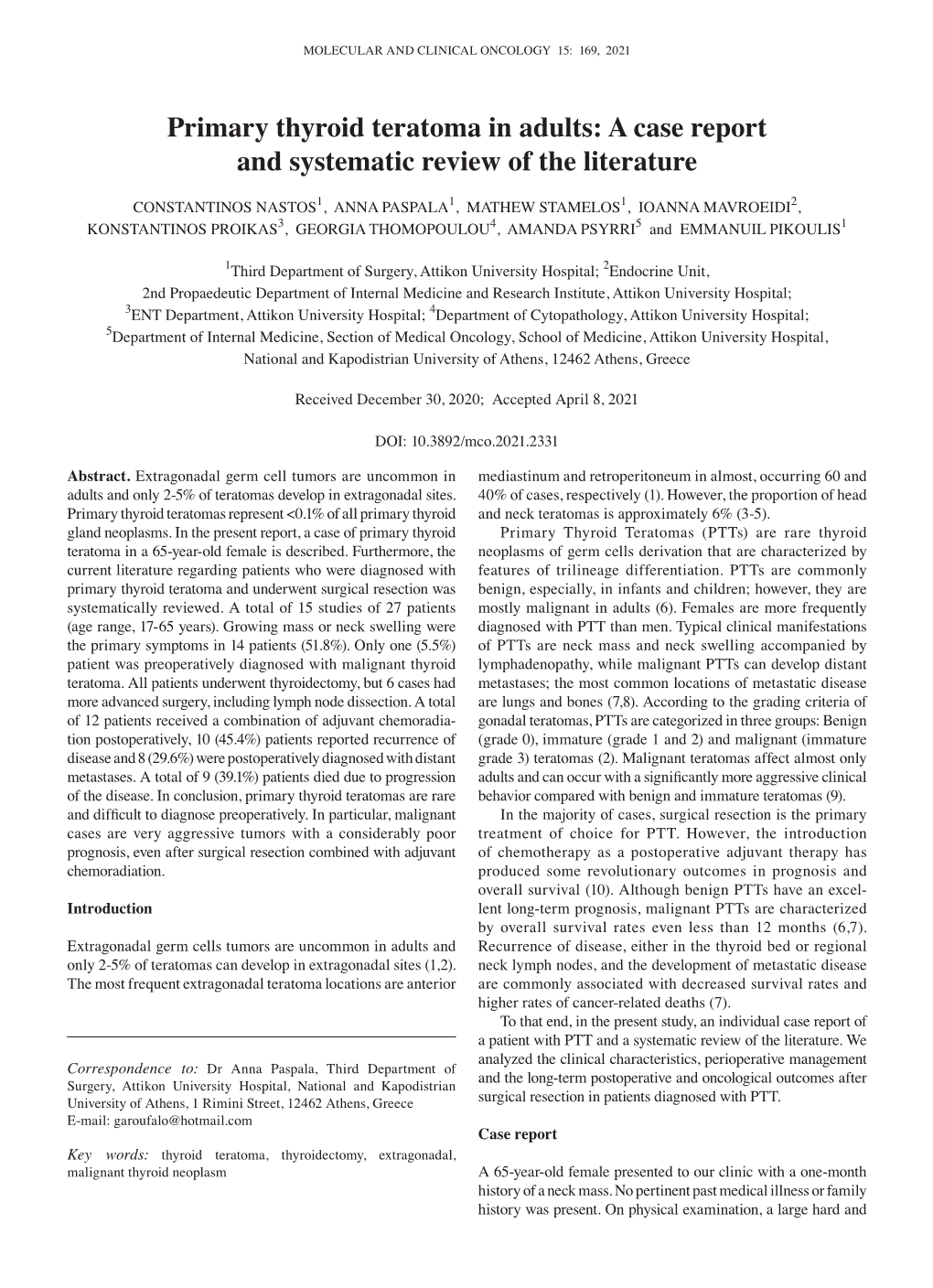 Primary Thyroid Teratoma in Adults: a Case Report and Systematic Review of the Literature