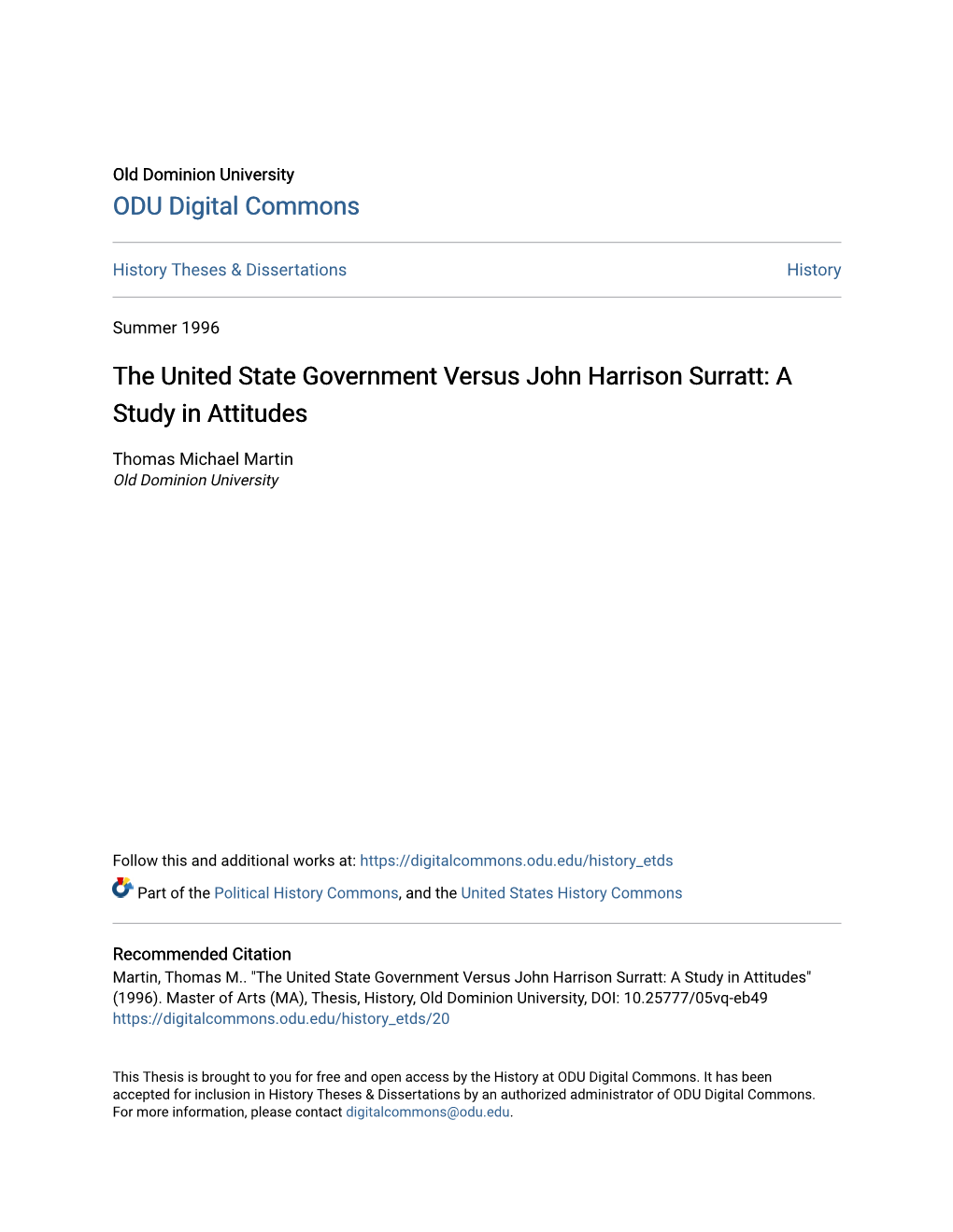 The United State Government Versus John Harrison Surratt: a Study in Attitudes