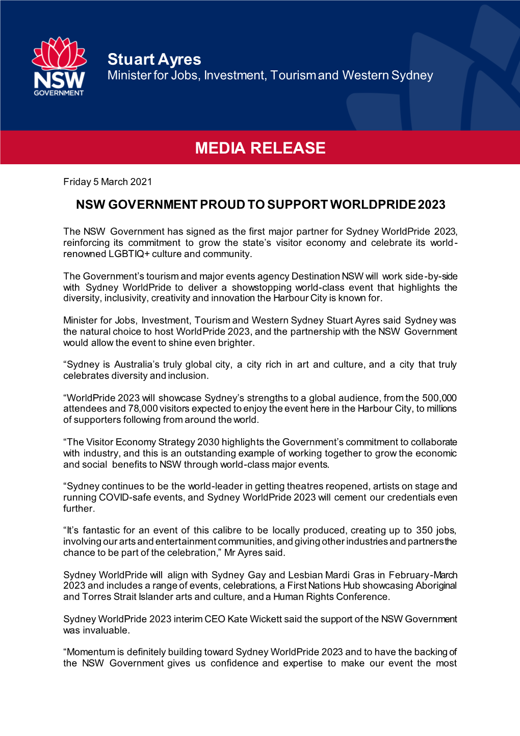 Stuart Ayres MEDIA RELEASE