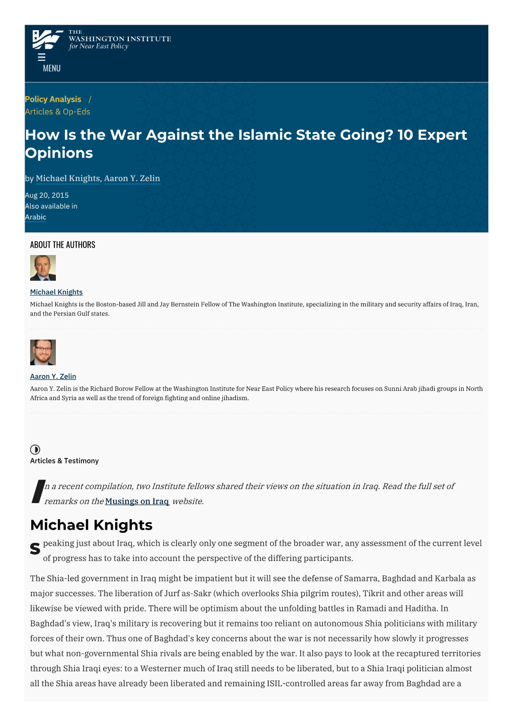 How Is the War Against the Islamic State Going? 10 Expert Opinions by Michael Knights, Aaron Y