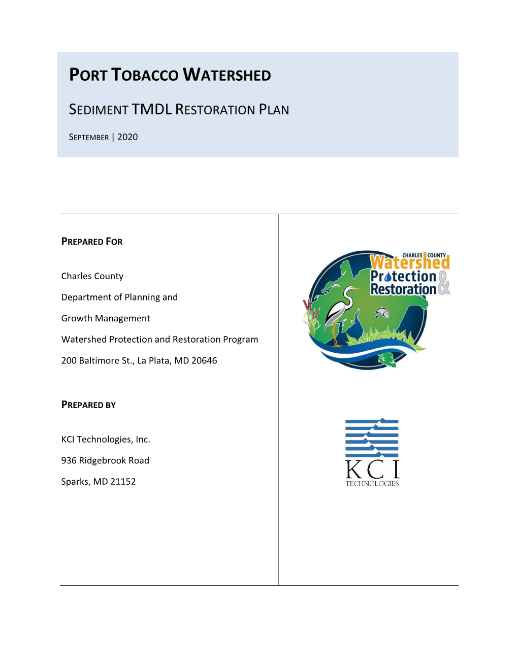 Port Tobacco Watershed Sediment TMDL Restoration Plan 2020