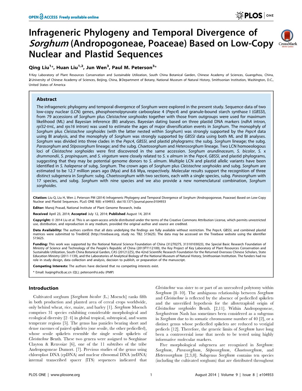 Infrageneric Phylogeny and Temporal Divergence of Sorghum (Andropogoneae, Poaceae) Based on Low-Copy Nuclear and Plastid Sequences