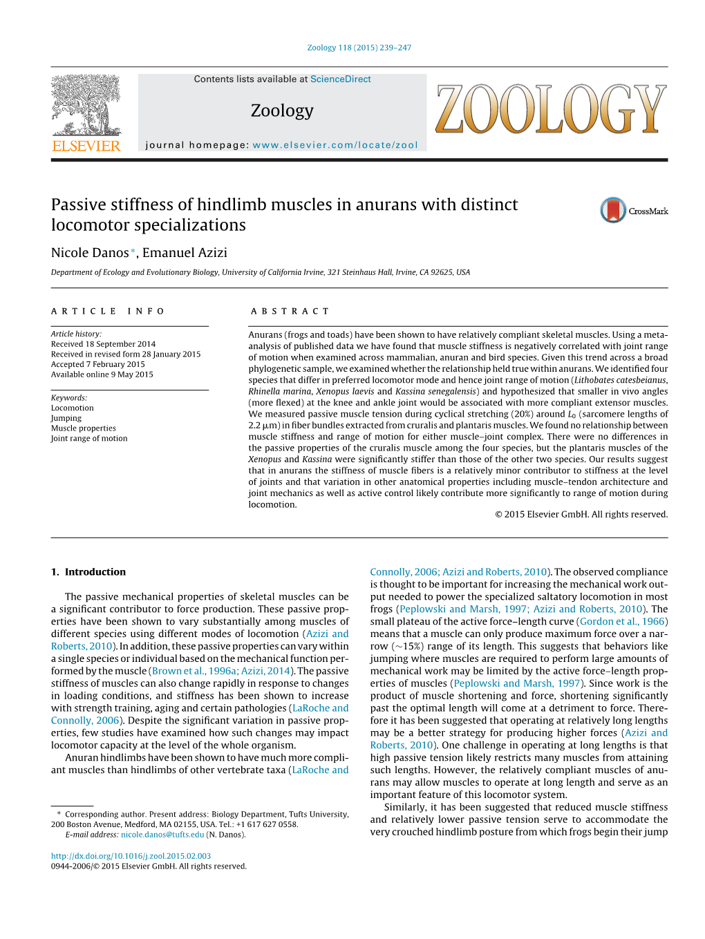 Passive Stiffness of Hindlimb Muscles in Anurans with Distinct Locomotor