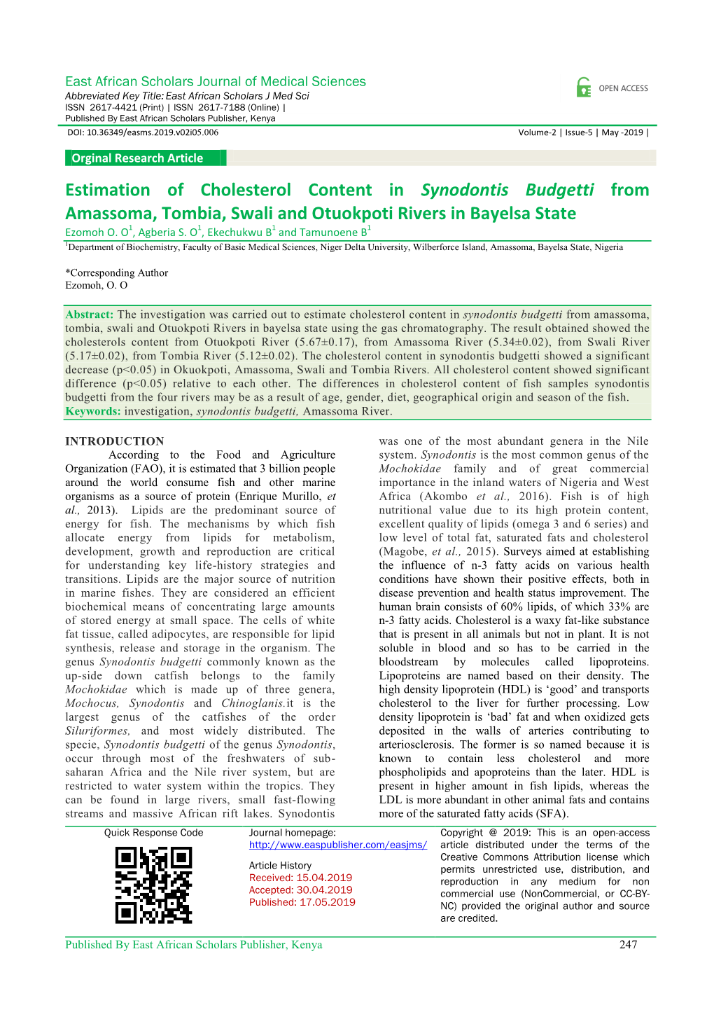 Estimation of Cholesterol Content in Synodontis Budgetti from Amassoma, Tombia, Swali and Otuokpoti Rivers in Bayelsa State Ezomoh O