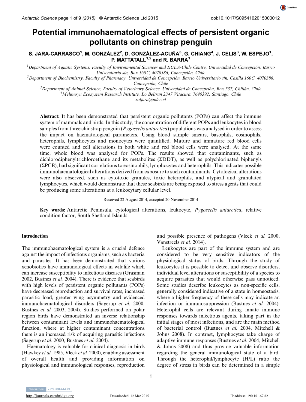 Potential Immunohaematological Effects of Persistent Organic Pollutants on Chinstrap Penguin S