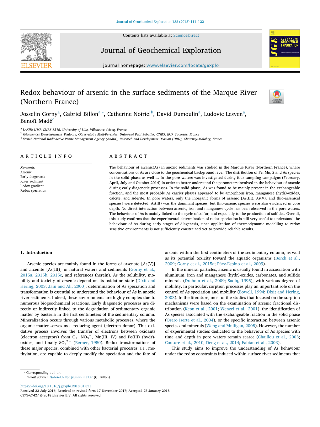 Redox Behaviour of Arsenic in the Surface Sediments of the Marque