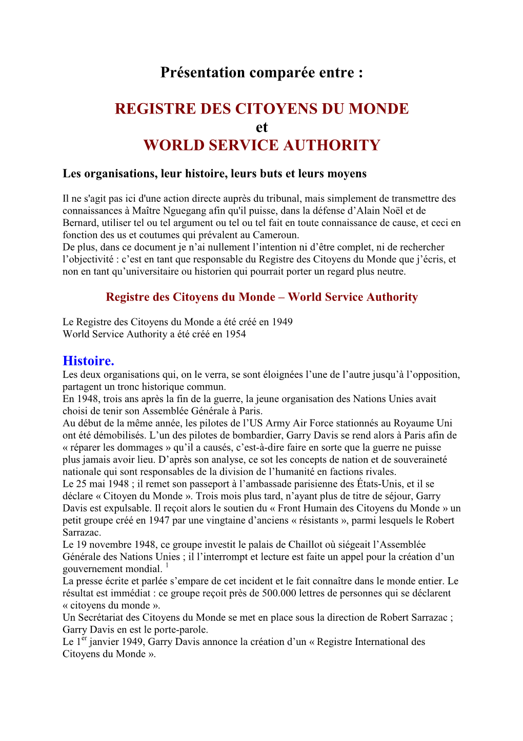 REGISTRE DES CITOYENS DU MONDE Et WORLD SERVICE AUTHORITY