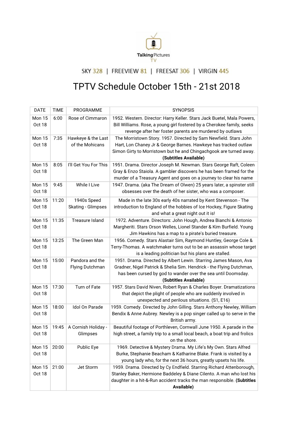 TPTV Schedule October 15Th - 21St 2018