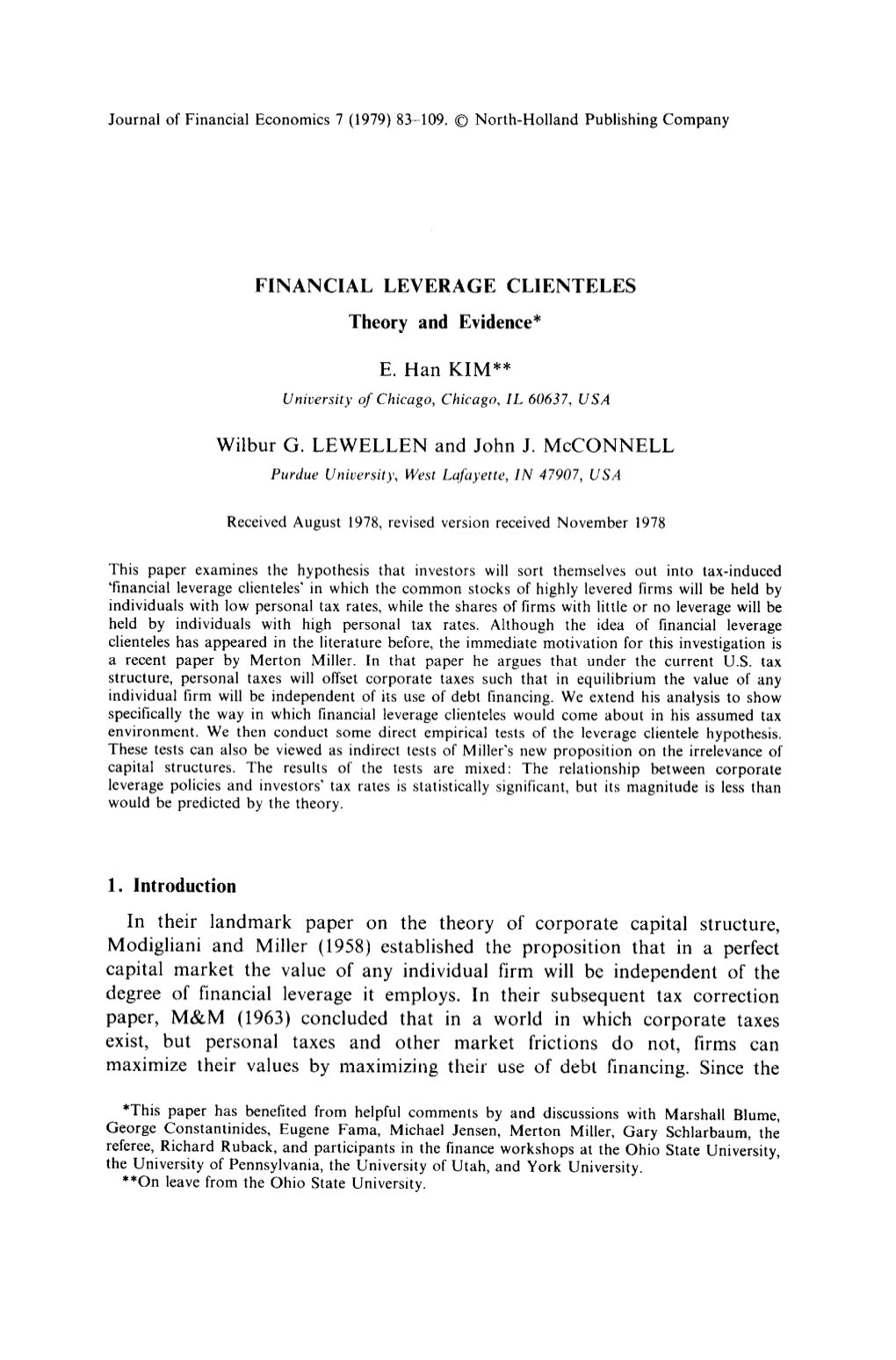 FINANCIAL LEVERAGE CLIENTELES Theory and Evidence* E. Han KIM