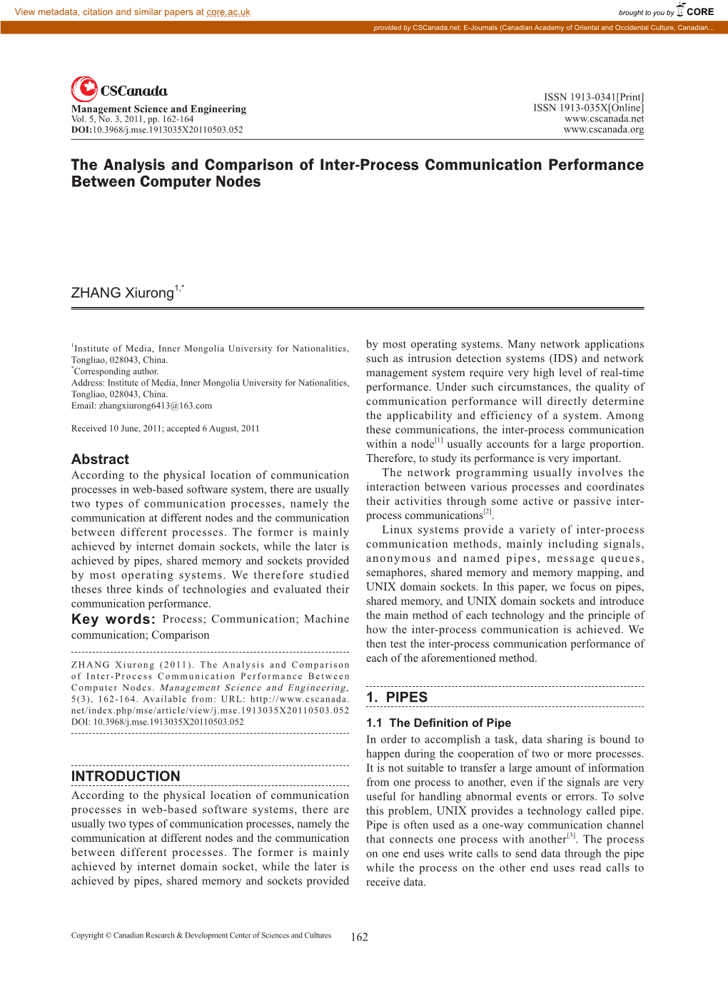The Analysis and Comparison of Inter-Process Communication Performance Between Computer Nodes