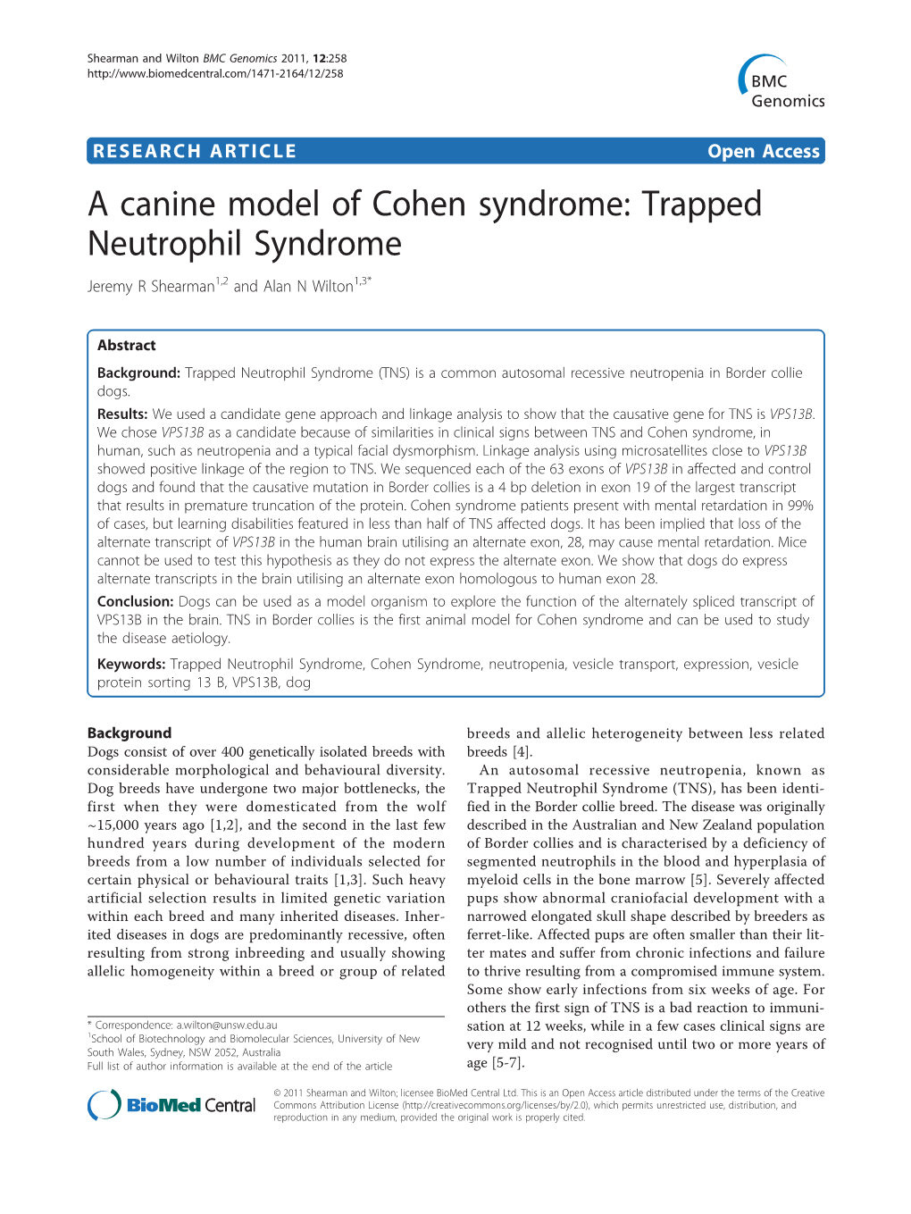 A Canine Model of Cohen Syndrome: Trapped Neutrophil Syndrome Jeremy R Shearman1,2 and Alan N Wilton1,3*
