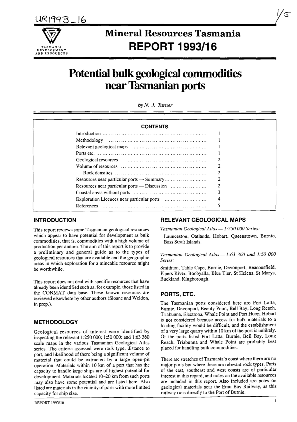 Potential Bulk Geological Commodities Near Tasmanian Ports