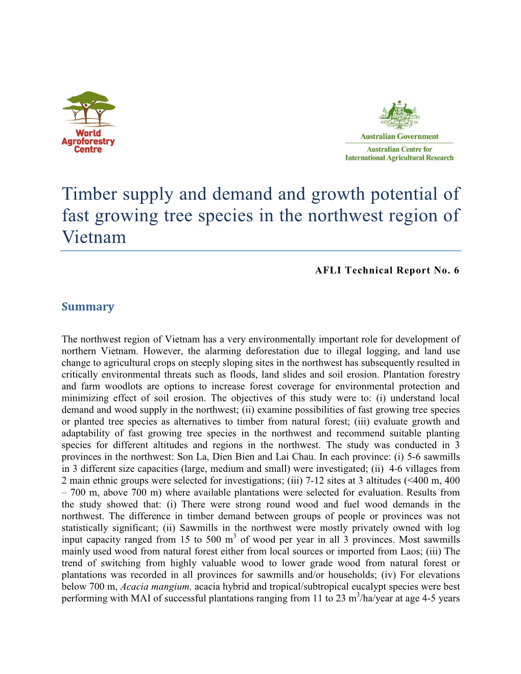 Timber Supply and Demand and Growth Potential of Fast Growing Tree Species in the Northwest Region of Vietnam