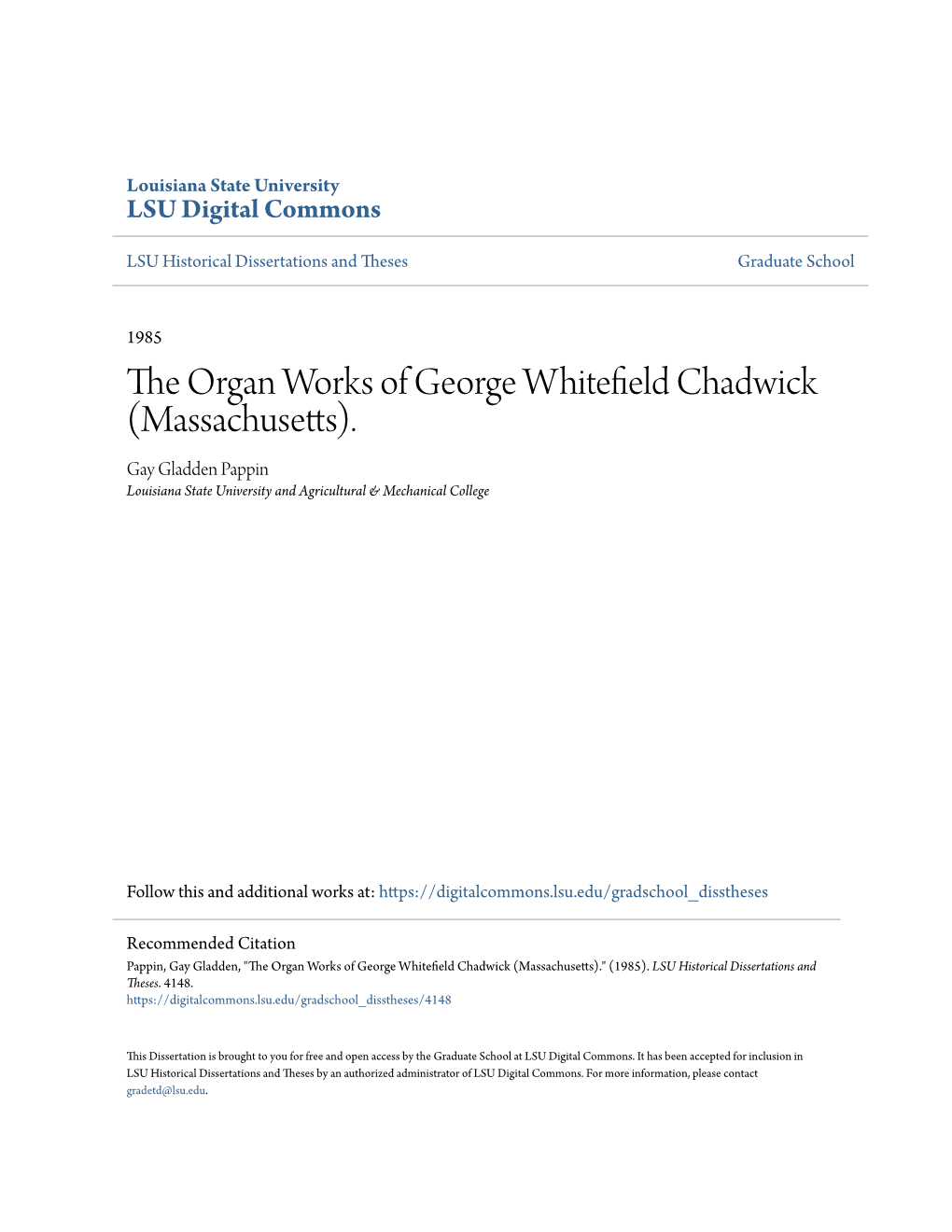 The Organ Works of George Whitefield Chadwick (Massachusetts)." (1985)