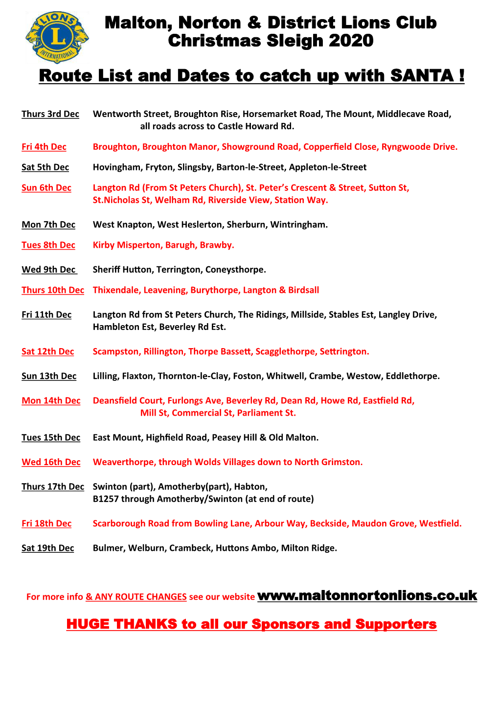 Malton, Norton & District Lions Club Christmas Sleigh 2020 Route List