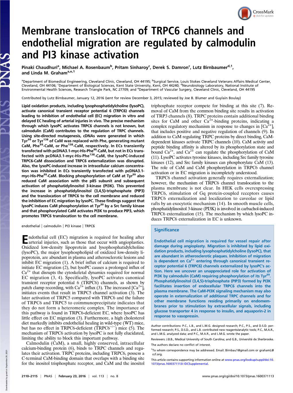 Membrane Translocation of TRPC6 Channels and Endothelial Migration Are Regulated by Calmodulin and PI3 Kinase Activation