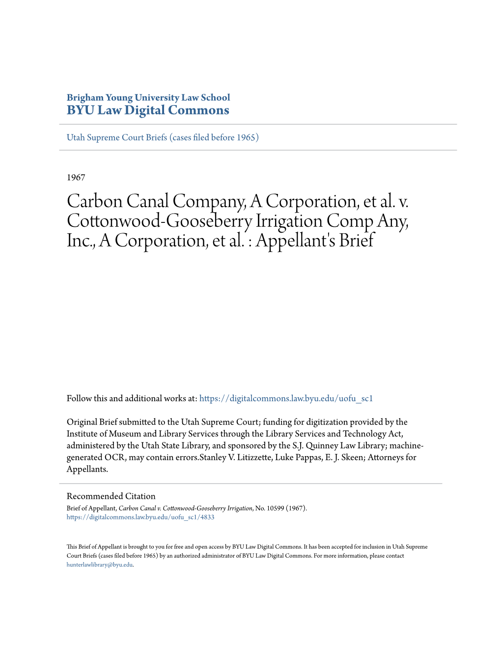 Carbon Canal Company, a Corporation, Et Al. V. Cottonwood-Gooseberry Irrigation Comp Any, Inc., a Corporation, Et Al