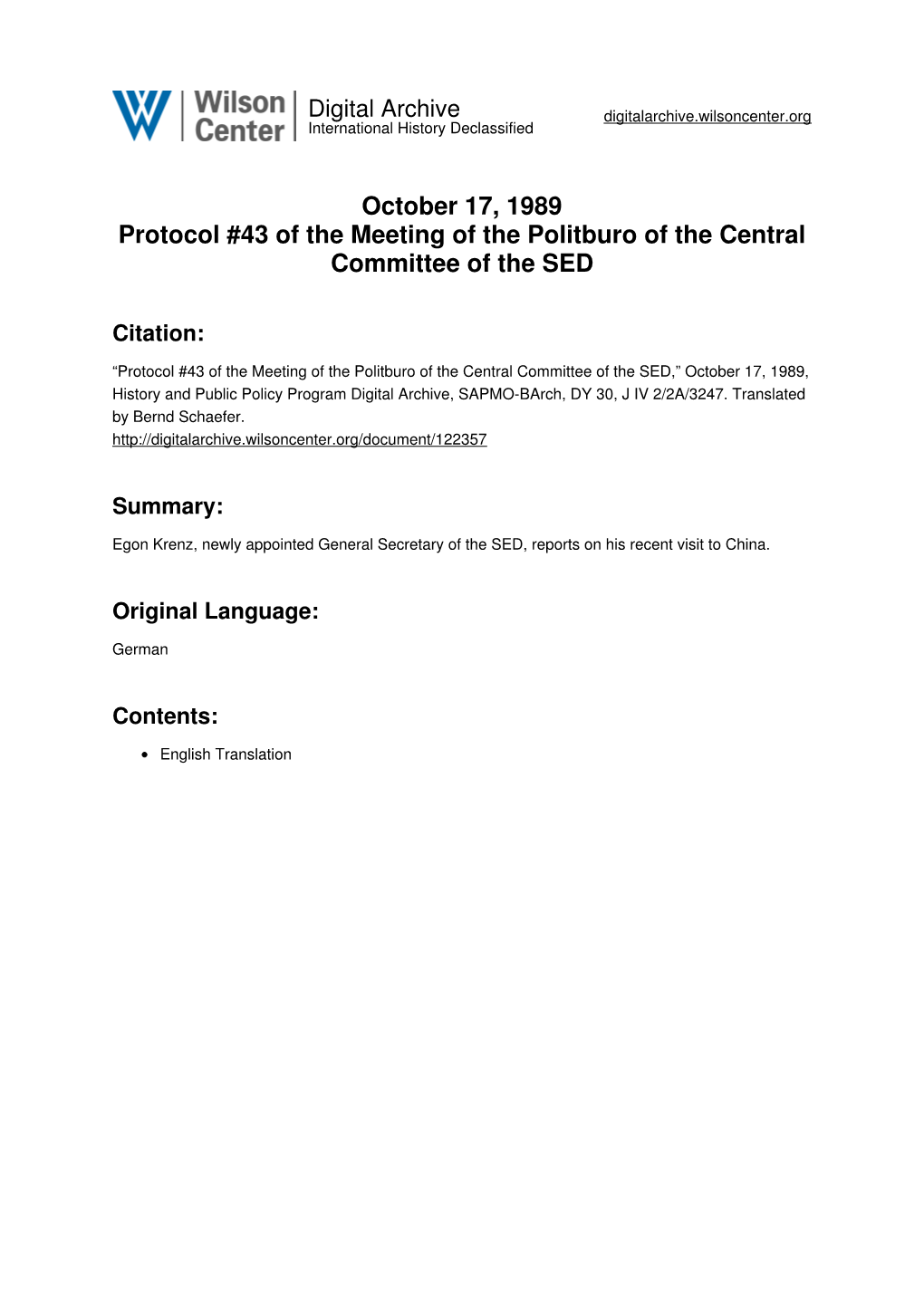 October 17, 1989 Protocol #43 of the Meeting of the Politburo of the Central Committee of the SED