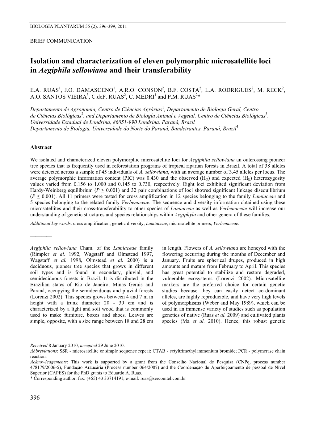Isolation and Characterization of Eleven Polymorphic Microsatellite Loci in Aegiphila Sellowiana and Their Transferability