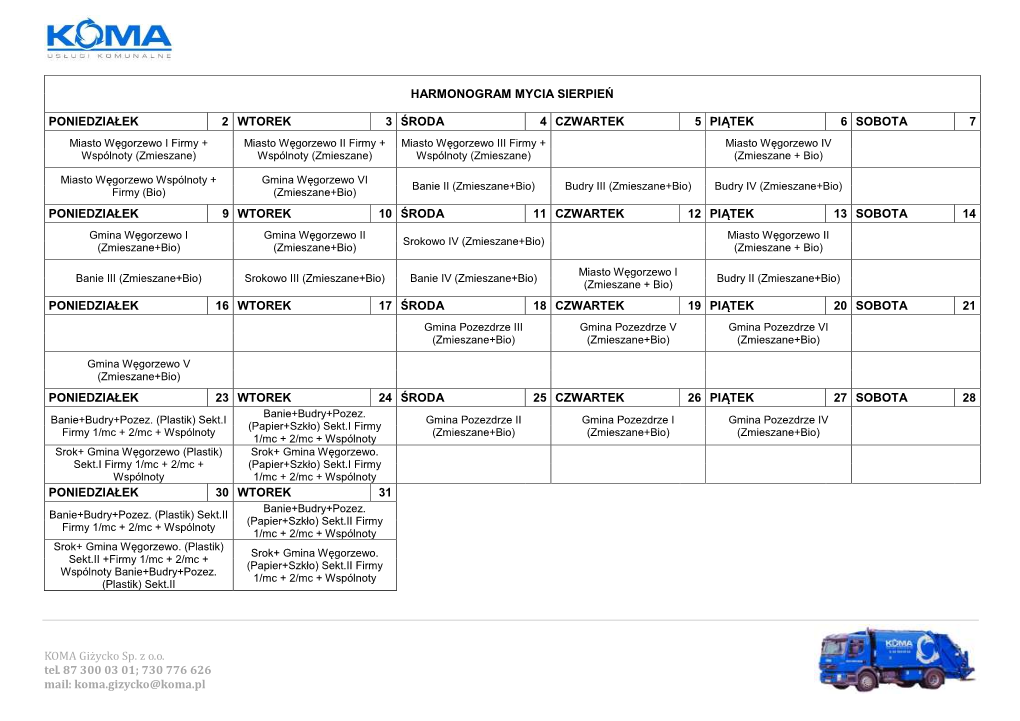KOMA Giżycko Sp. Z O.O. Tel. 87 300 03 01; 730 776 626 Mail: Koma.Gizycko@Koma.Pl HARMONOGRAM MYCIA SIERPIEŃ PONIEDZIAŁ