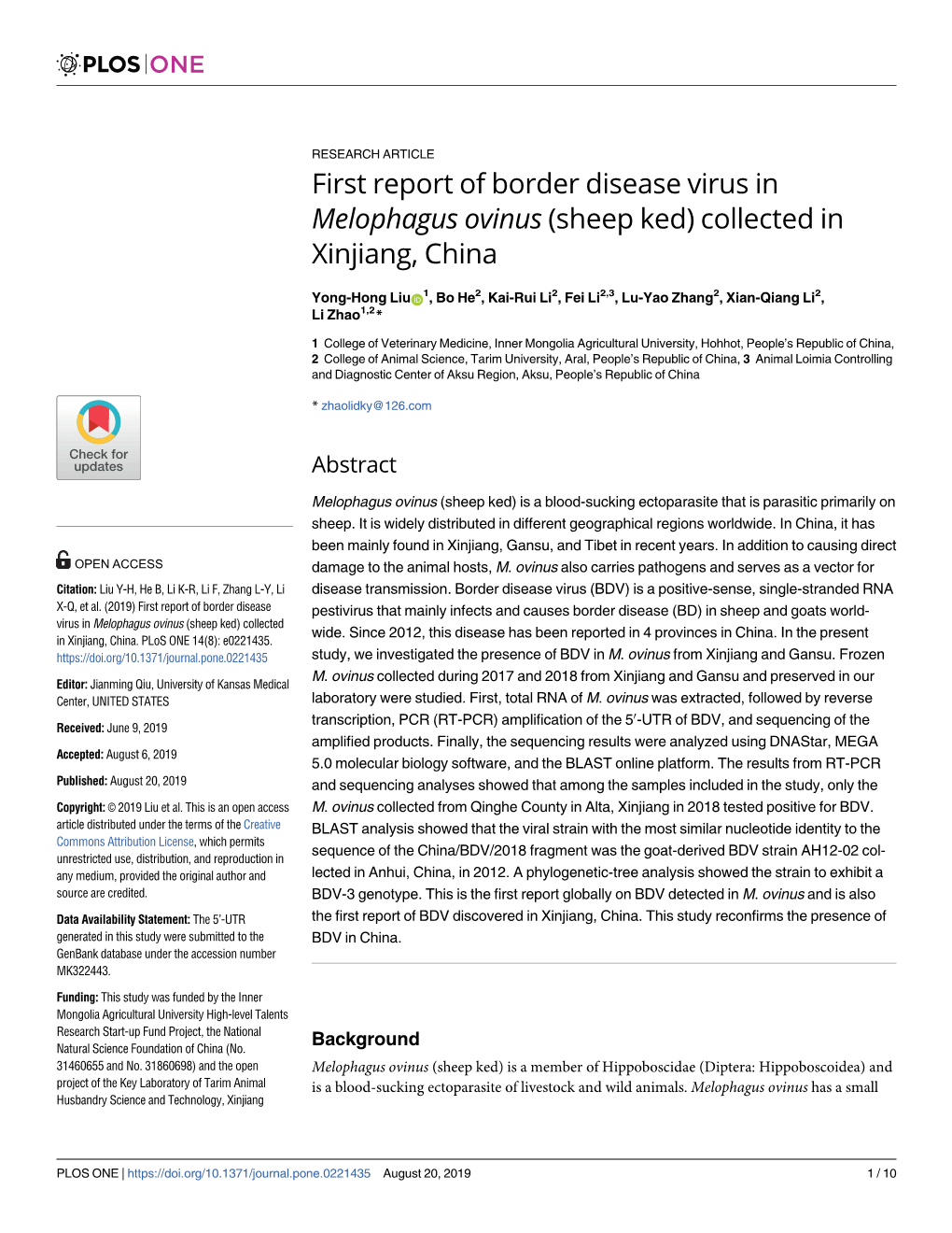 First Report of Border Disease Virus in Melophagus Ovinus (Sheep Ked) Collected in Xinjiang, China