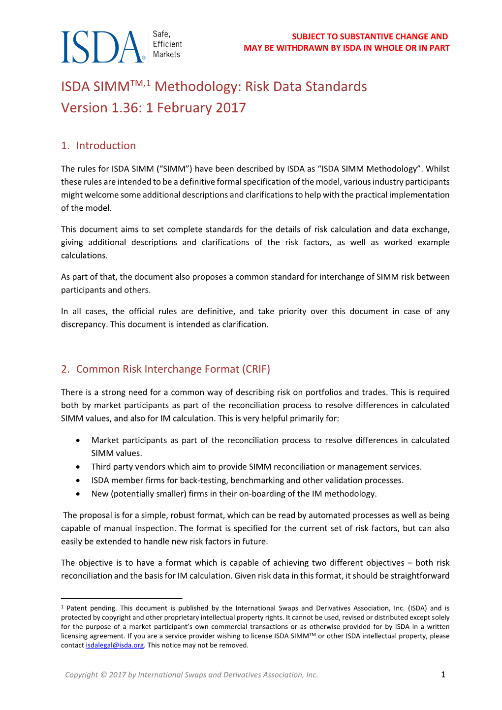 ISDA SIMMTM,1 Methodology: Risk Data Standards Version 1.36: 1 February 2017