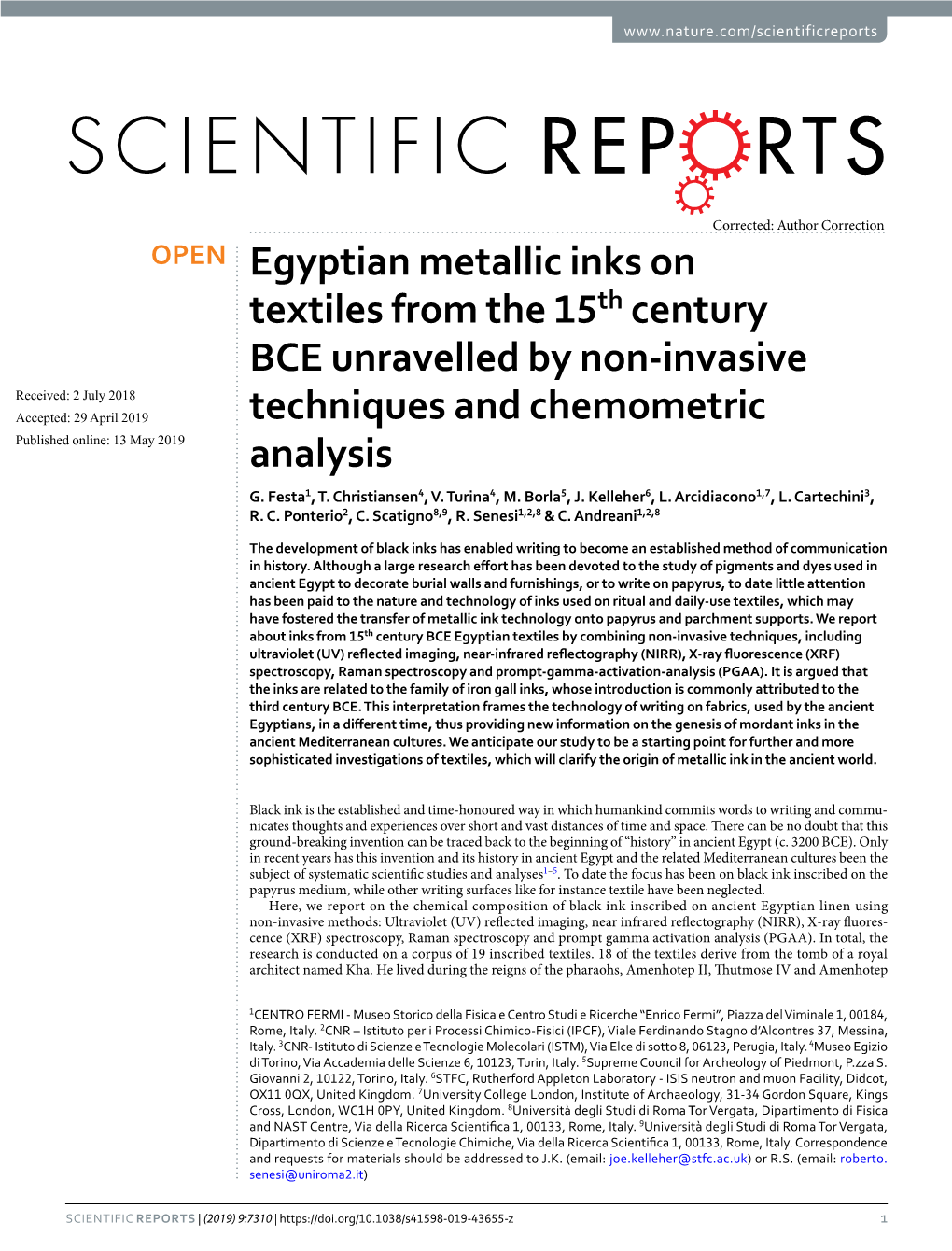 Egyptian Metallic Inks on Textiles from the 15Th Century Bce Unravelled by Non-Invasive Techniques and Chemometric Analysis