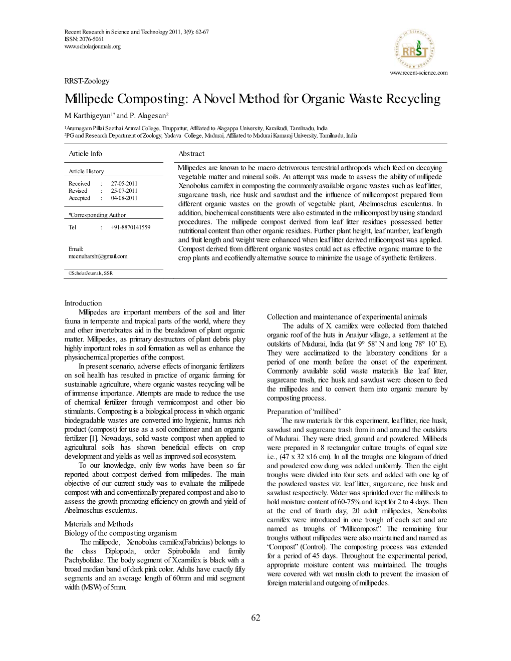 Millipede Composting: a Novel Method for Organic Waste Recycling M