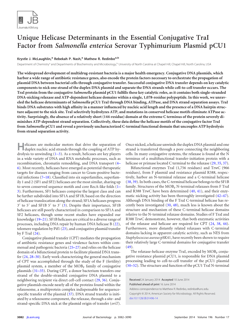 Unique Helicase Determinants in the Essential Conjugative Trai Factor from Salmonella Enterica Serovar Typhimurium Plasmid Pcu1