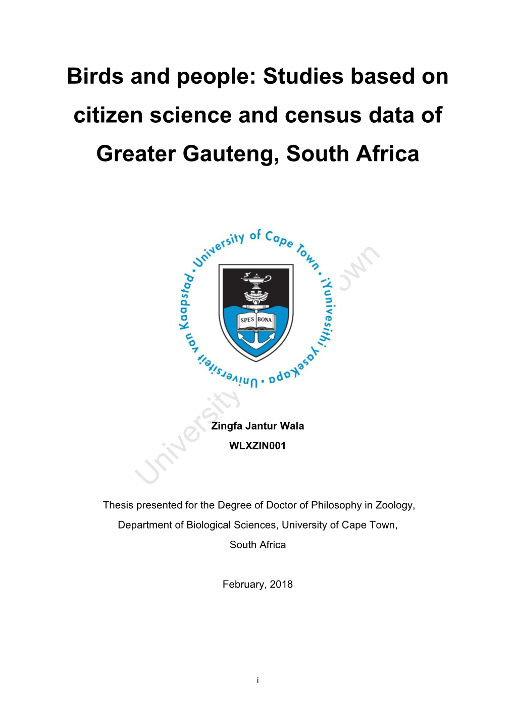 Studies Based on Citizen Science and Census Data of Greater Gauteng, South Africa