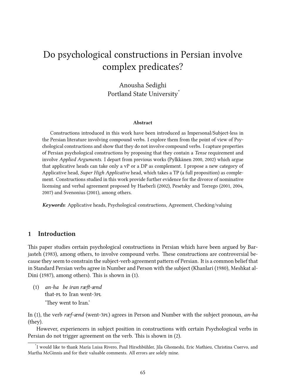 Do Psy Ological Constructions in Persian Involve Complex Predicates?