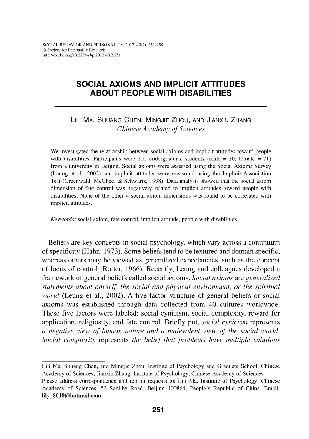 Social Axioms and Implicit Attitudes About People with Disabilities