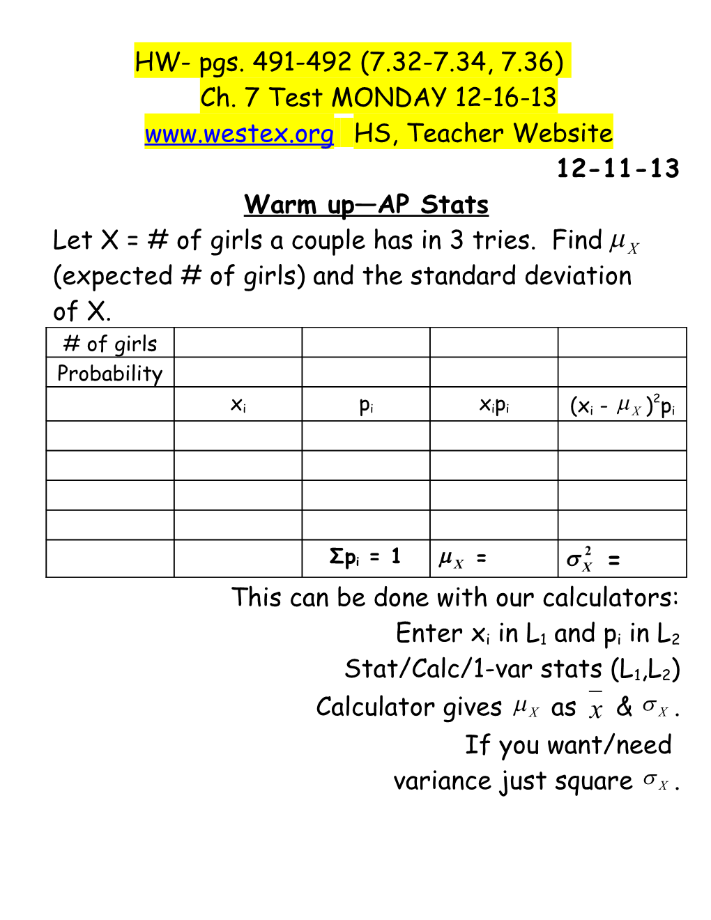 Let X = # of Girls a Couple Has in 3 Tries. Find