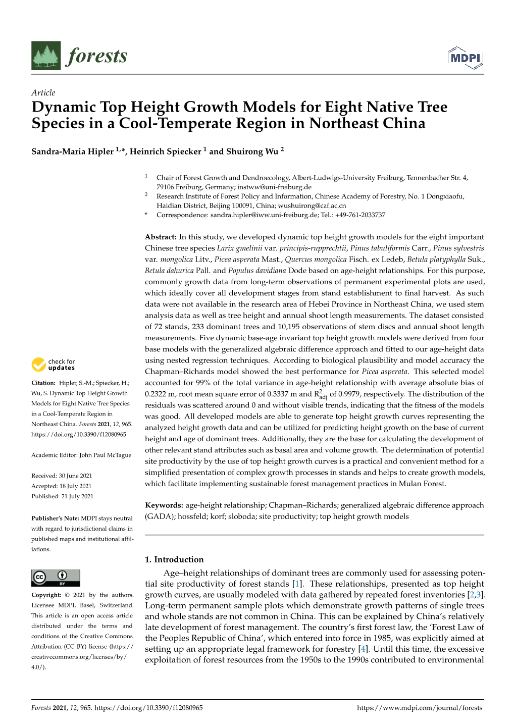 Dynamic Top Height Growth Models for Eight Native Tree Species in a Cool-Temperate Region in Northeast China