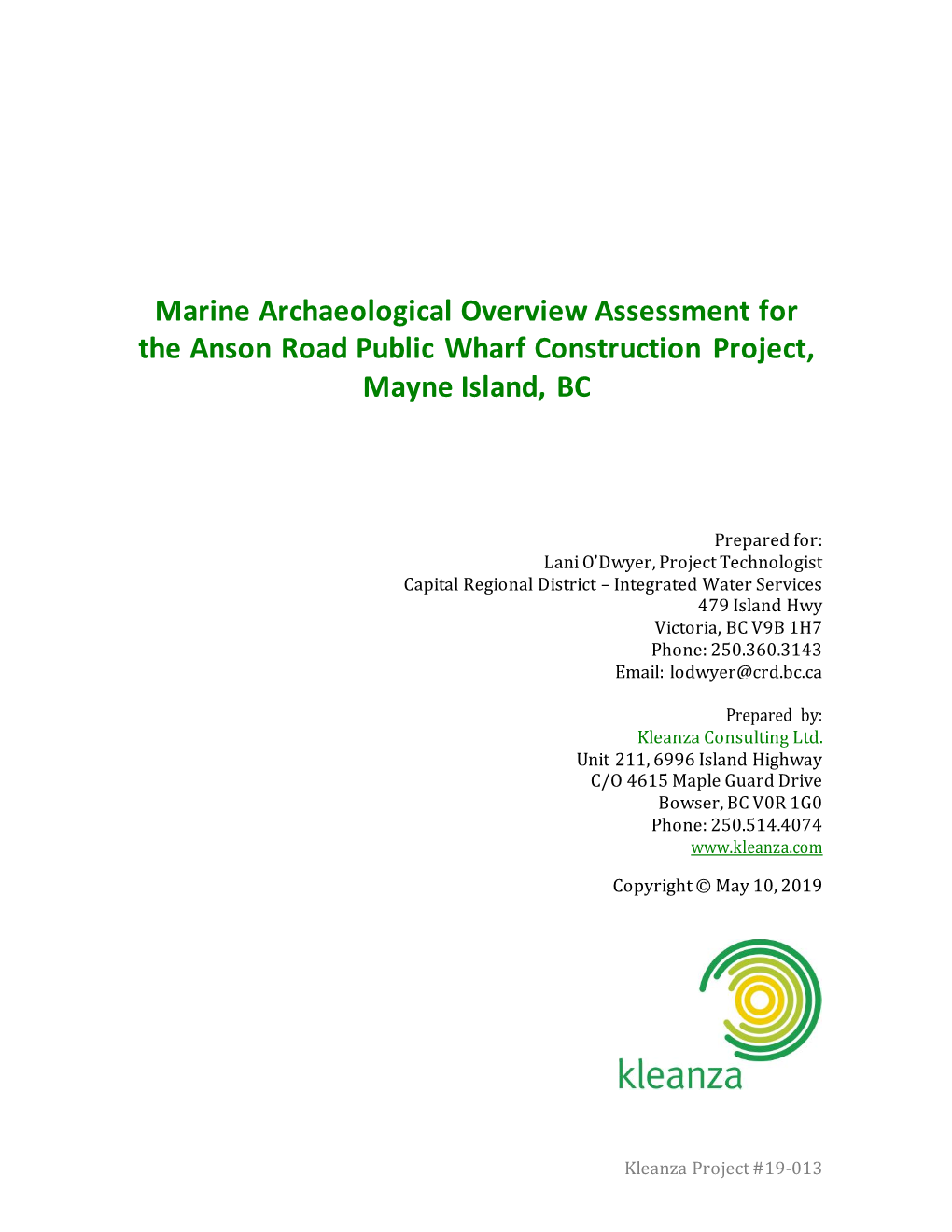 Marine Archaeological Overview Assessment for the Anson Road Public Wharf Construction Project, Mayne Island, BC