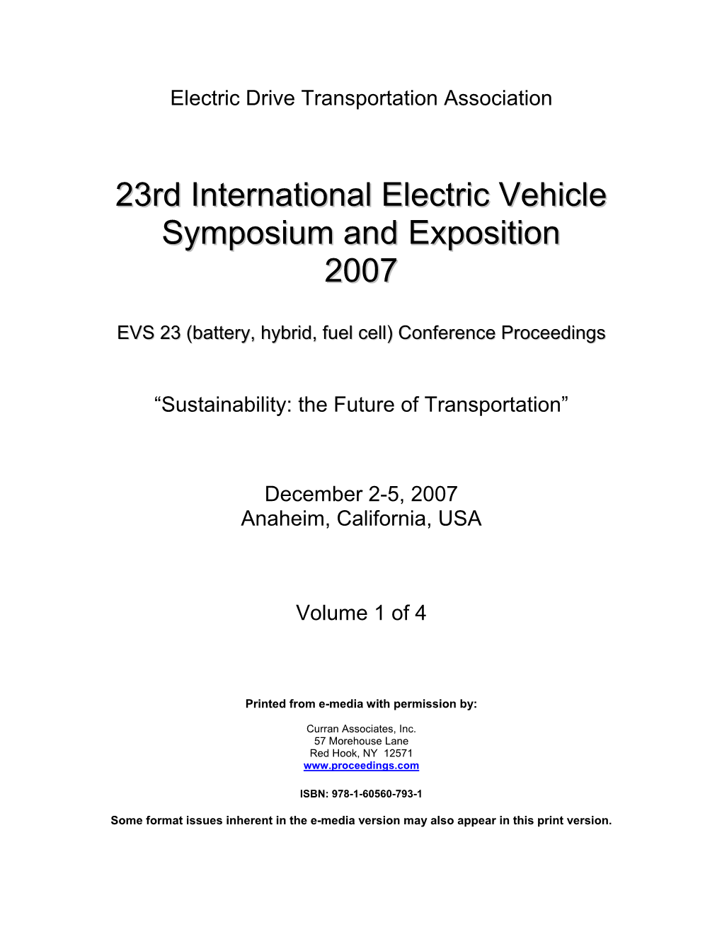 23Rd International Electric Vehicle Symposium and Exposition 2007