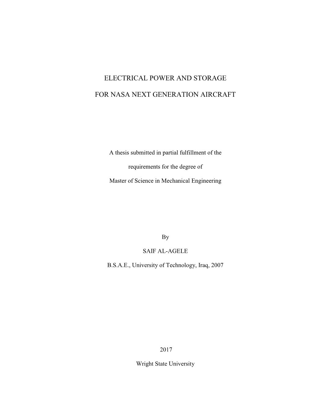 Electrical Power and Storage for NASA Next Generation Aircraft