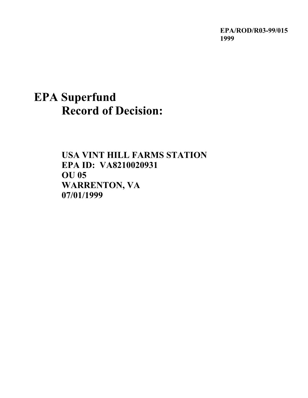 Usa Vint Hill Farms Station Epa Id: Va8210020931 Ou 05 Warrenton, Va 07/01/1999