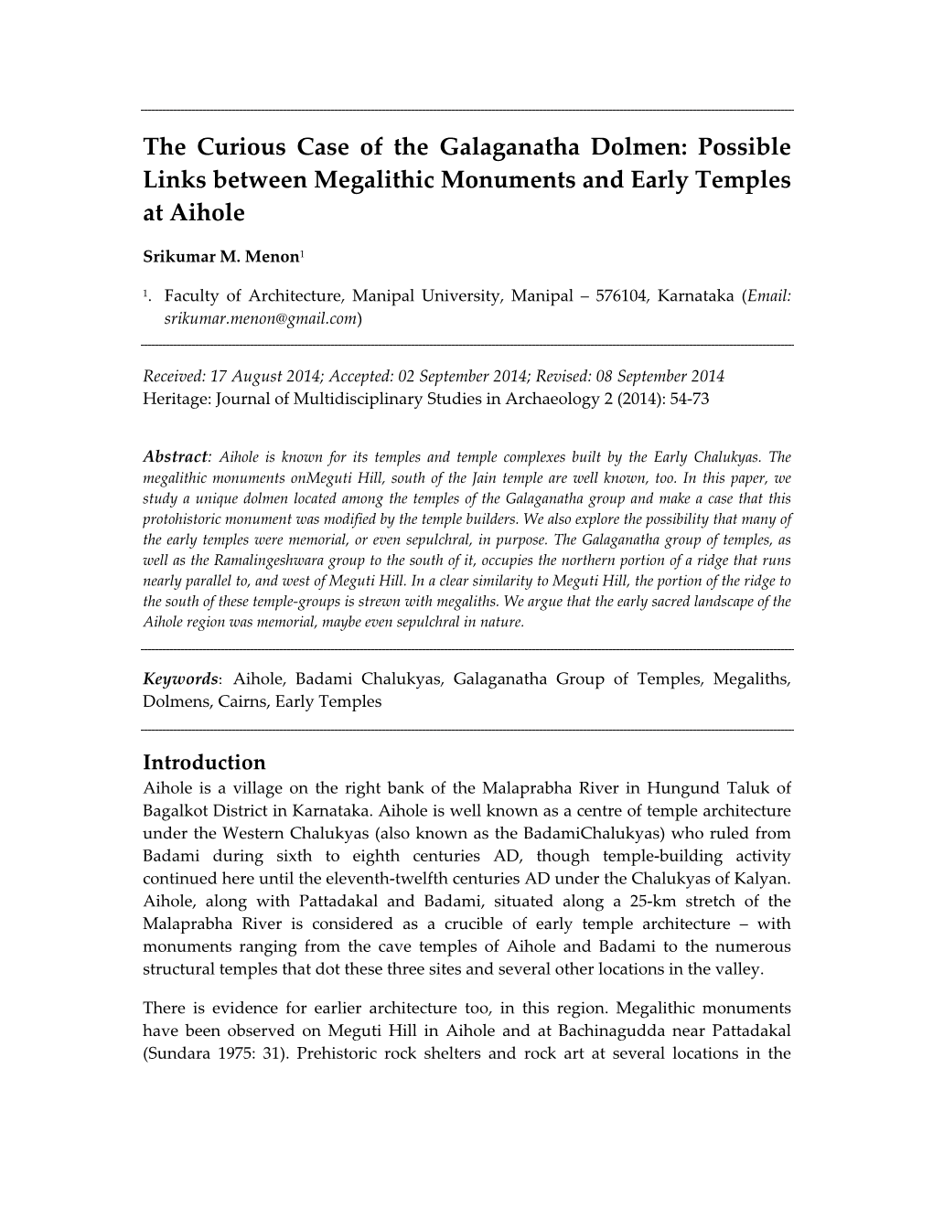 The Curious Case of the Galaganatha Dolmen: Possible Links Between Megalithic Monuments and Early Temples at Aihole