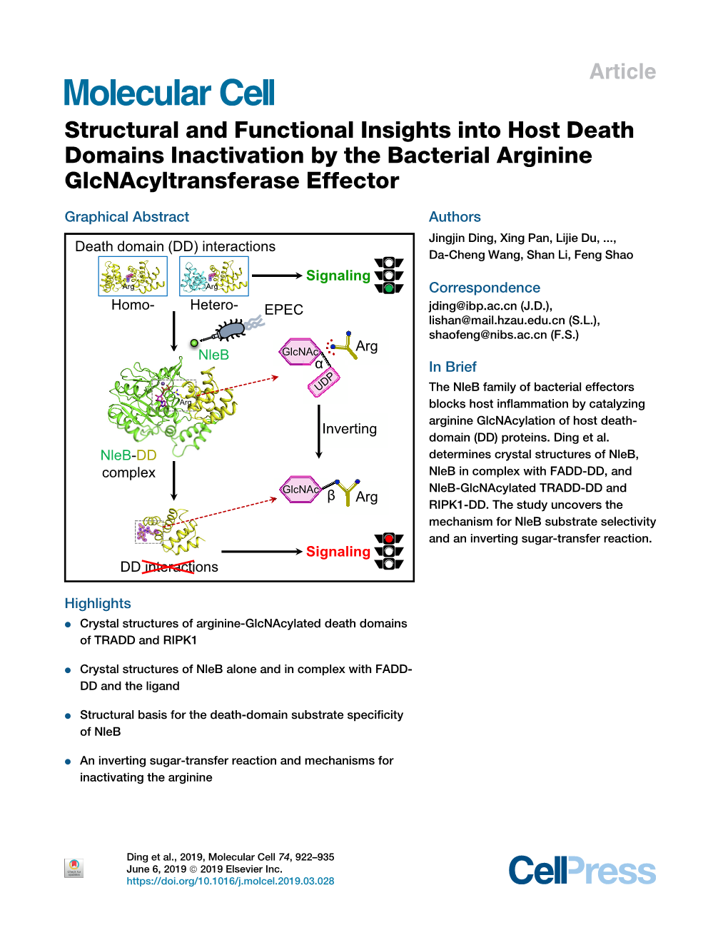 Structural and Functional Insights Into Host Death Domains Inactivation by the Bacterial Arginine Glcnacyltransferase Effector