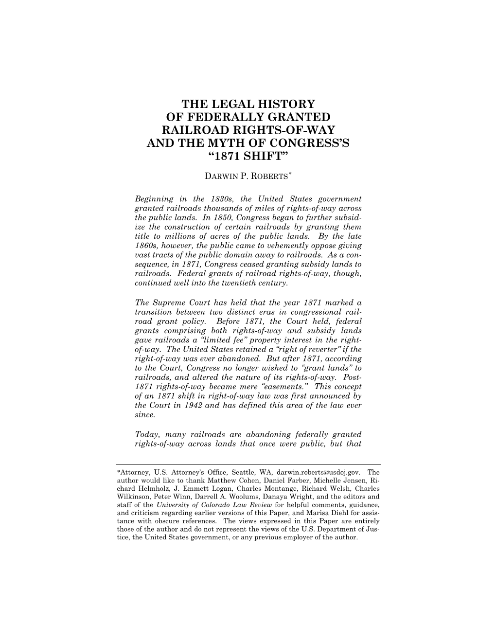 The Legal History of Federally Granted Railroad Rights-Of-Way and the Myth of Congress’S “1871 Shift”