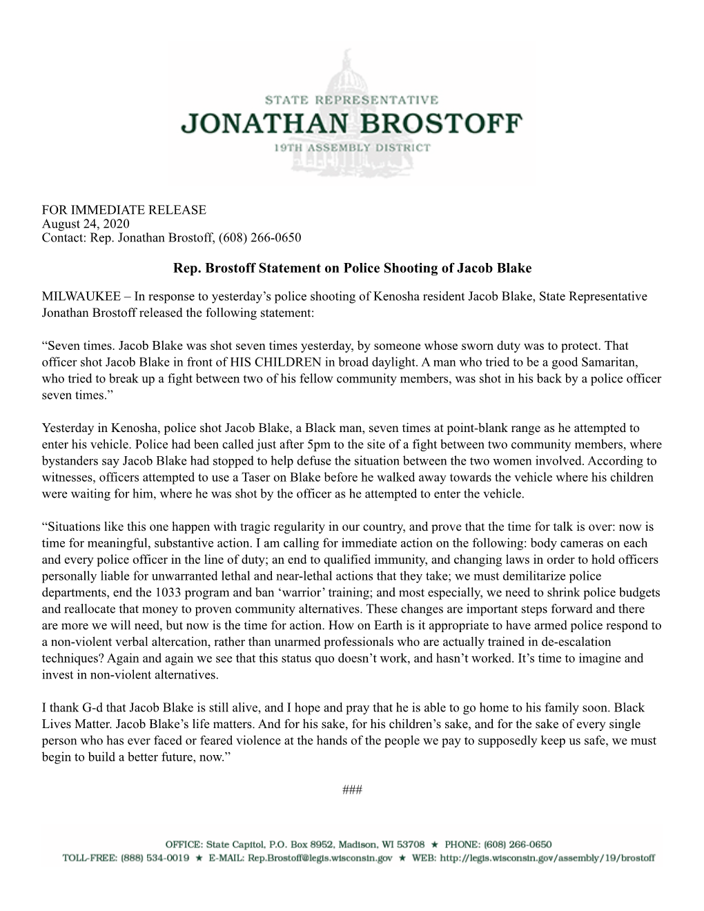 Rep. Brostoff Statement on Police Shooting of Jacob Blake